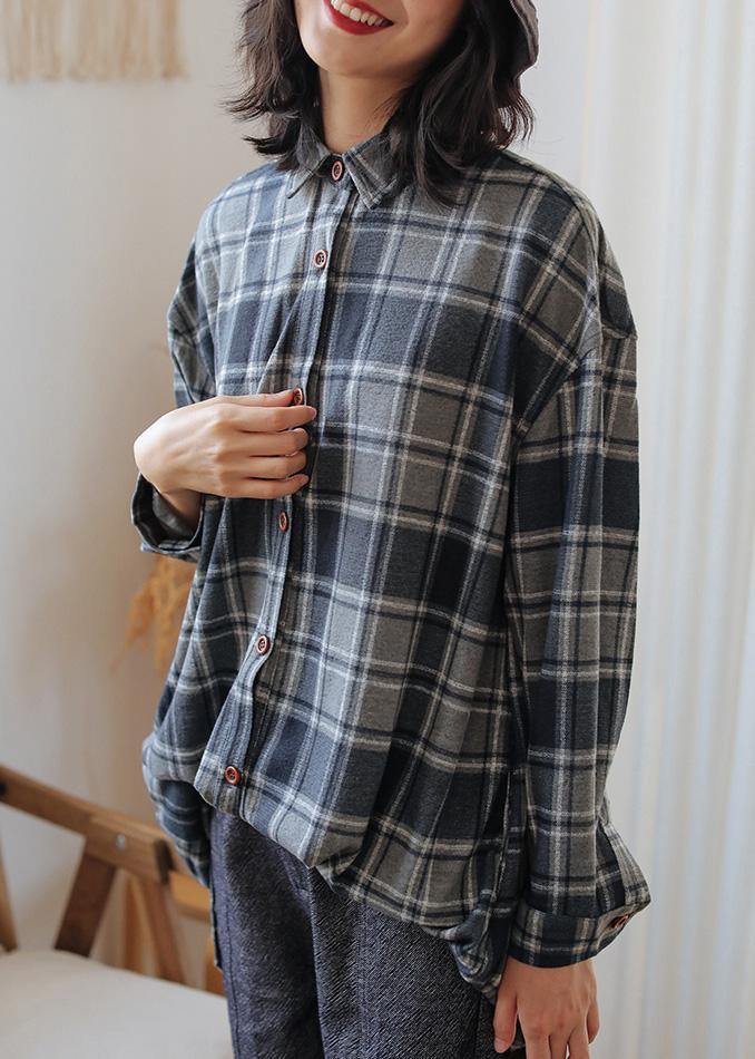 Gray Plaid Cotton Blouses for Polo Neck Button Tunic Top