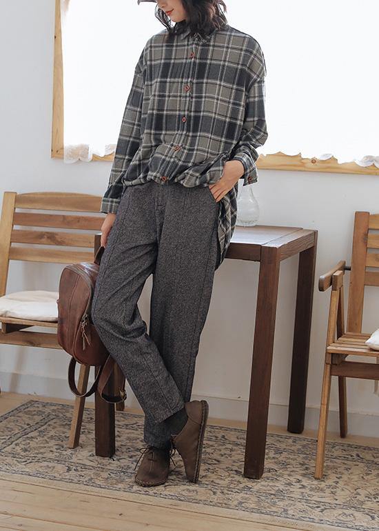 Chic gray plaid cotton blouses for women POLO neck Button tunic top
