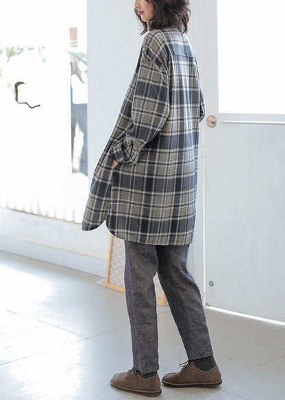 Chic gray plaid cotton blouses for women POLO neck Button tunic top