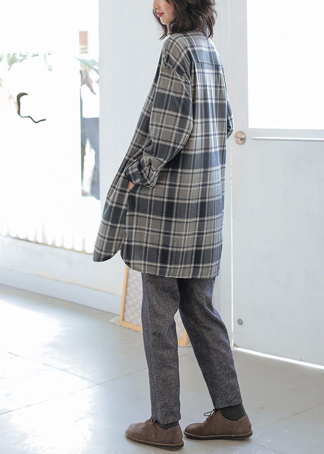 Gray Plaid Cotton Blouses for Polo Neck Button Tunic Top