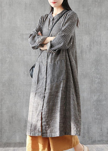 Gray Striped Linen Tunics Stand a Line Skirts Art Dresses