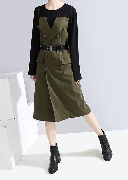 Green Cotton Dresses Tie Waist Patchwork Dress