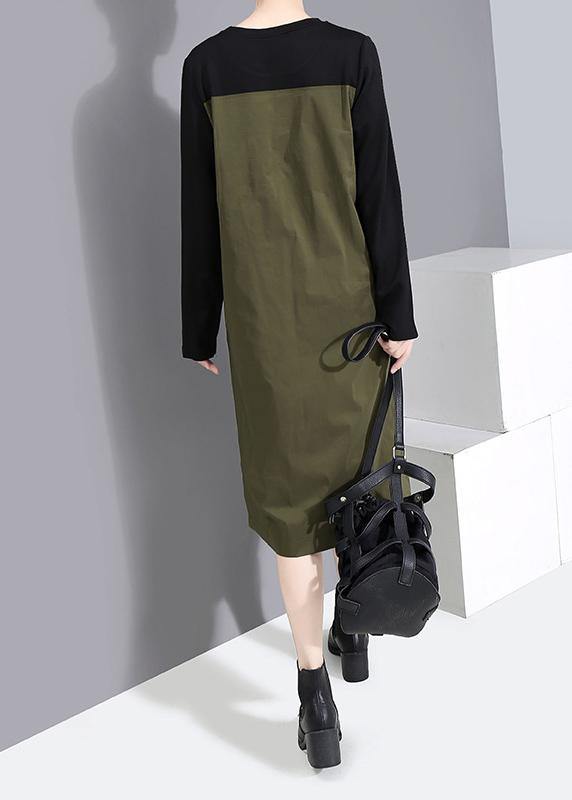 Green Cotton Dresses Tie Waist Patchwork Dress