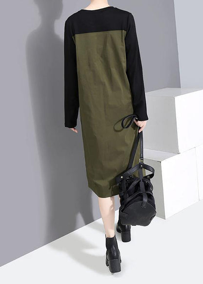 Green Cotton Dresses Tie Waist Patchwork Dress