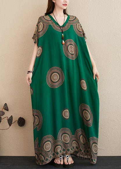 Green Print Outfit V Neck Batwing Sleeve Kaftan Summer Dresses