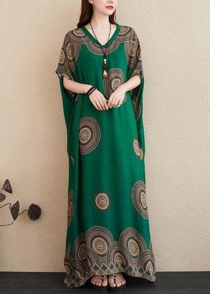Green Print Outfit V Neck Batwing Sleeve Kaftan Summer Dresses