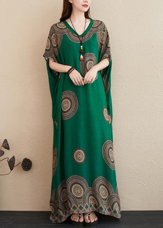 Green Print Outfit V Neck Batwing Sleeve Kaftan Summer Dresses