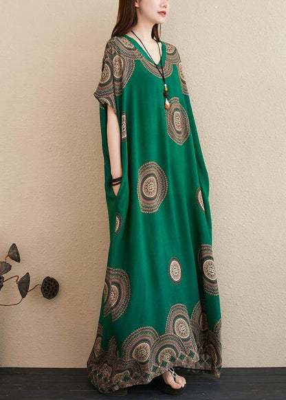 Green Print Outfit V Neck Batwing Sleeve Kaftan Summer Dresses