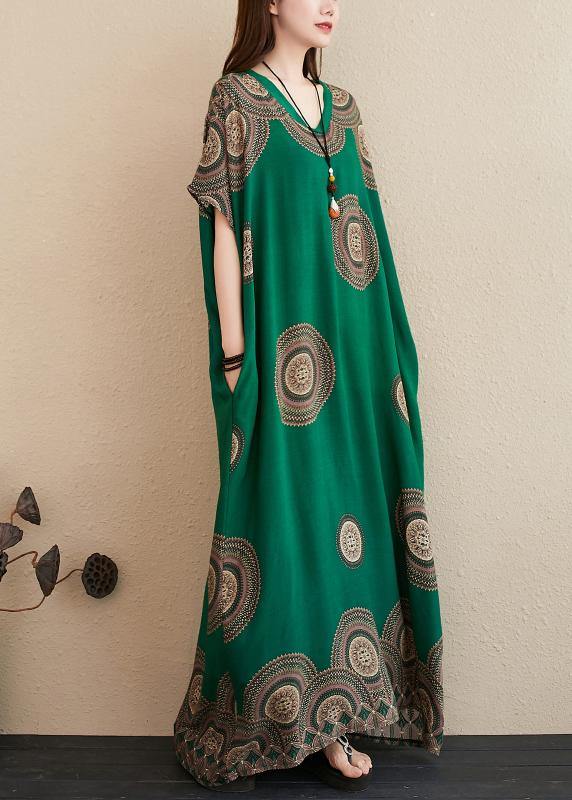 Green Print Outfit V Neck Batwing Sleeve Kaftan Summer Dresses