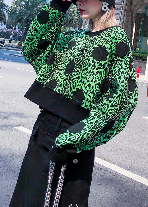 Chic green prints cotton clothes long sleeve o neck shirts