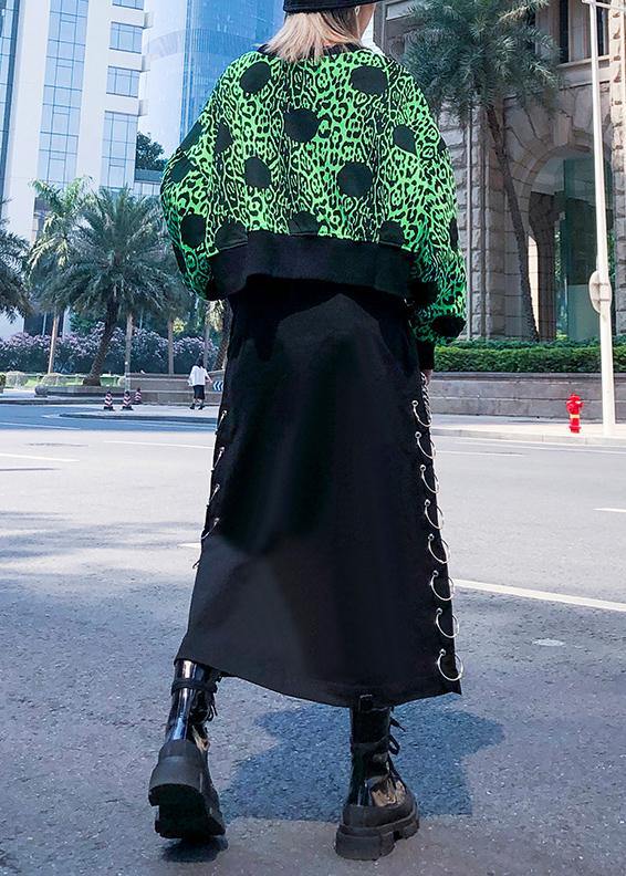 Chic green prints cotton clothes long sleeve o neck shirts