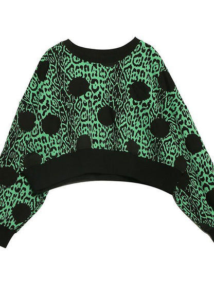 Chic green prints cotton clothes long sleeve o neck shirts