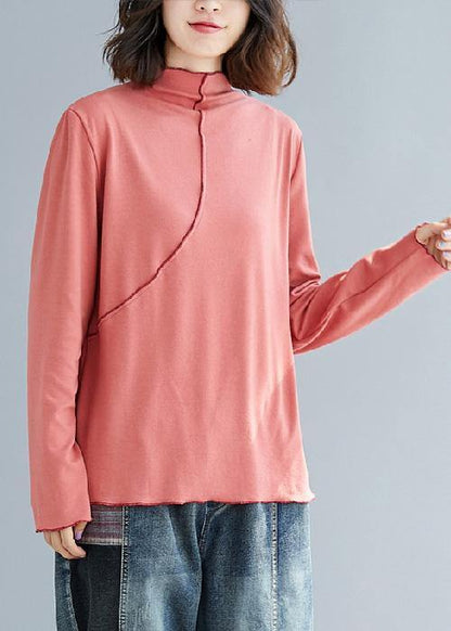 Chic high neck cotton tunics for women Cotton pink shirt