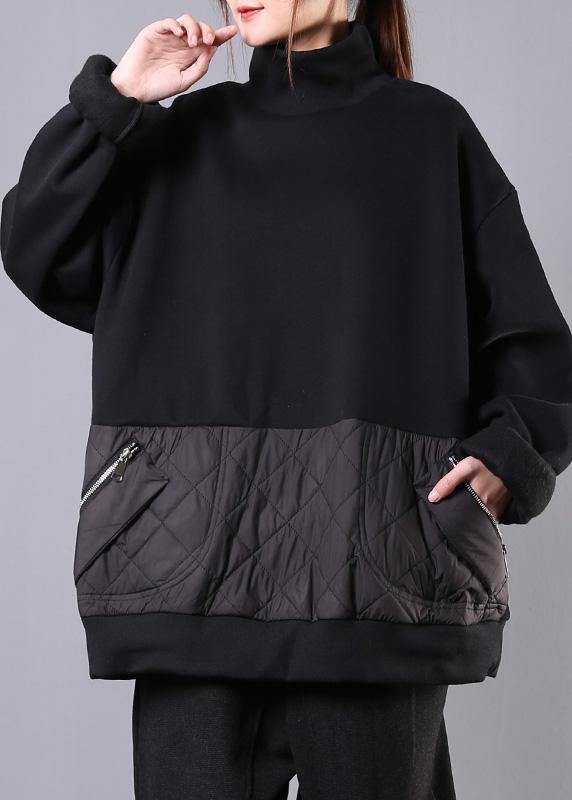 High Neck Patchwork Cotton Fall Clothes for Fabrics Black Top