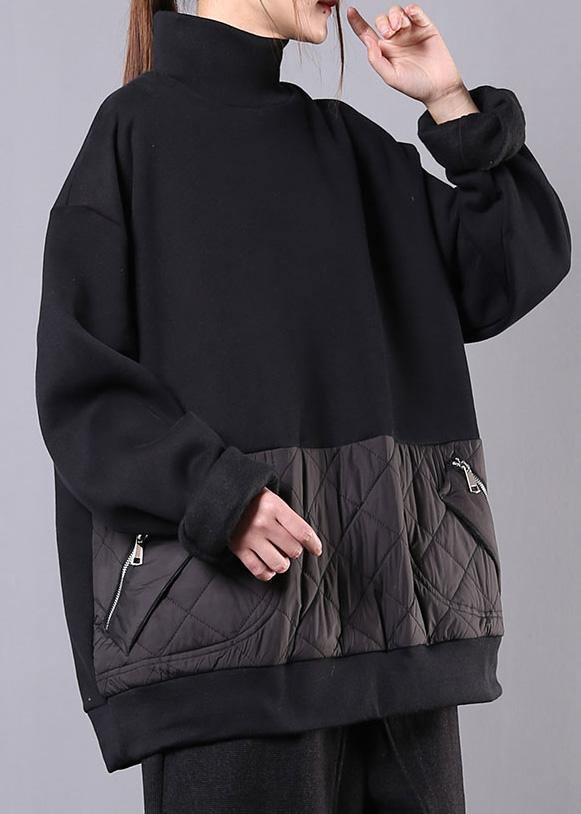 High Neck Patchwork Cotton Fall Clothes for Fabrics Black Top