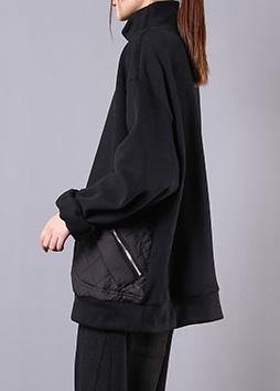 High Neck Patchwork Cotton Fall Clothes for Fabrics Black Top