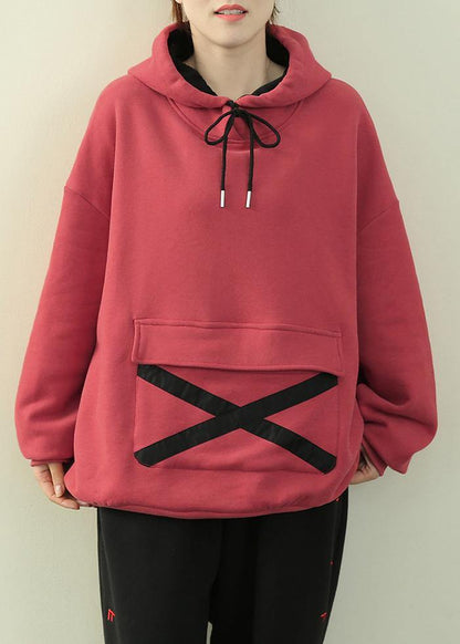 Chic hooded drawstring clothes pink tunic shirt