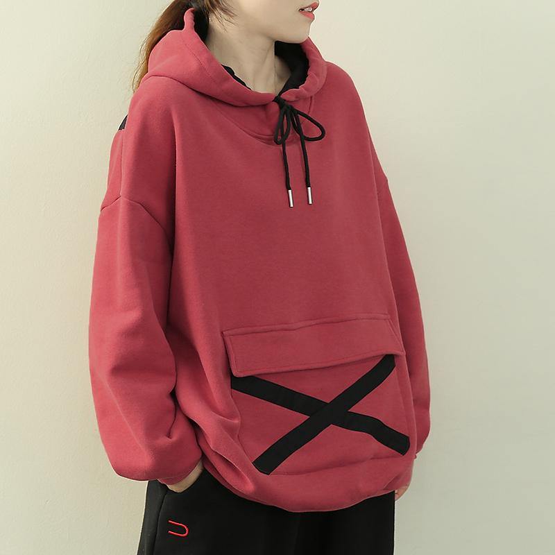 Chic hooded drawstring clothes pink tunic shirt