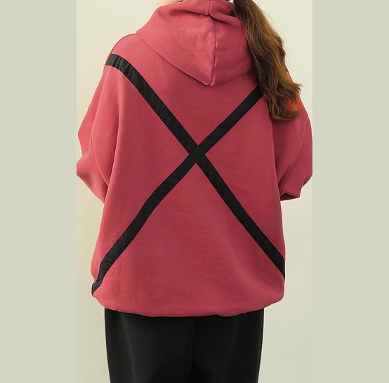 Chic hooded drawstring clothes pink tunic shirt