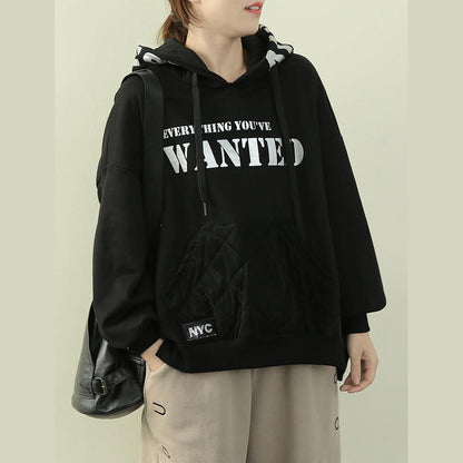 Chic hooded patchwork top silhouette black Letter daily blouse