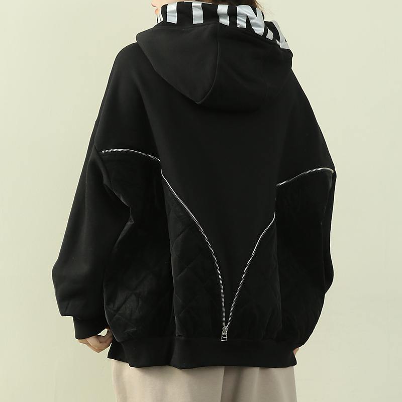 Chic hooded patchwork top silhouette black Letter daily blouse