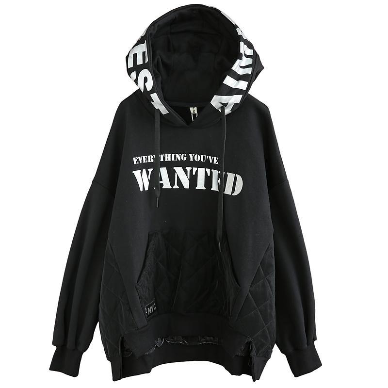 Chic hooded patchwork top silhouette black Letter daily blouse