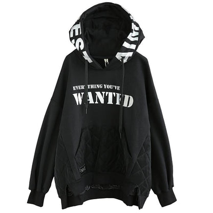 Chic hooded patchwork top silhouette black Letter daily blouse