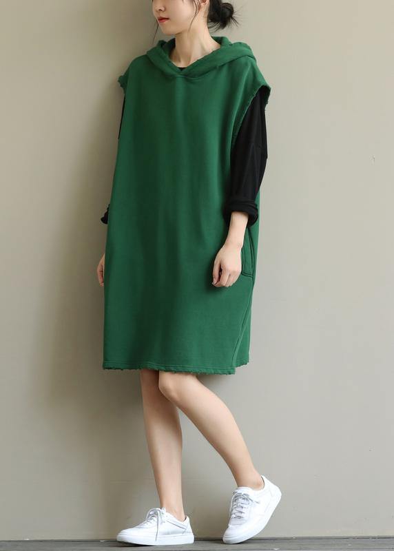 Hooded Pockets Fall Tunic Sleeve Green Dress
