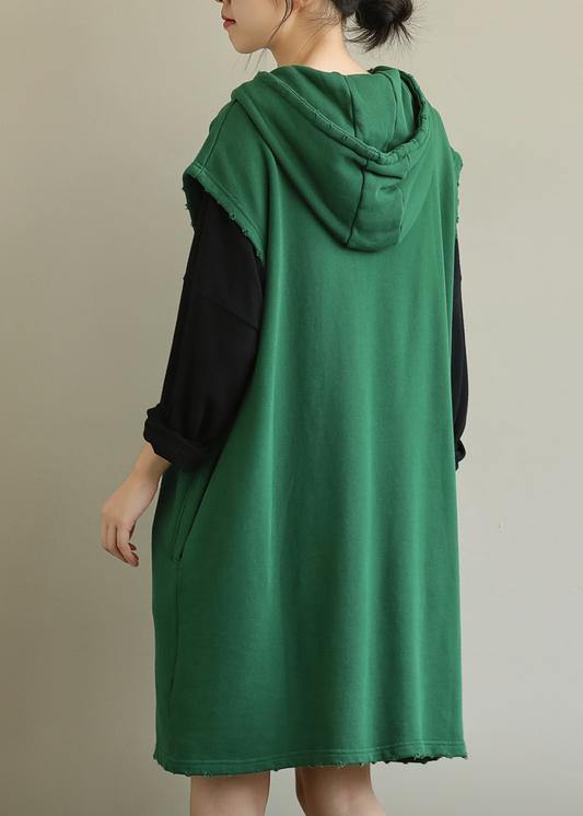 Hooded Pockets Fall Tunic Sleeve Green Dress