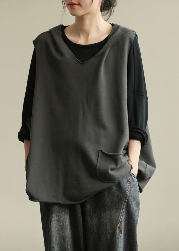 Hooded Sleeveless Tops Work Gray Blouse