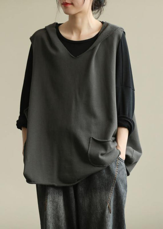 Hooded Sleeveless Tops Work Gray Blouse