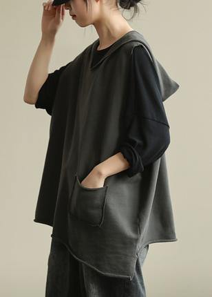 Hooded Sleeveless Tops Work Gray Blouse
