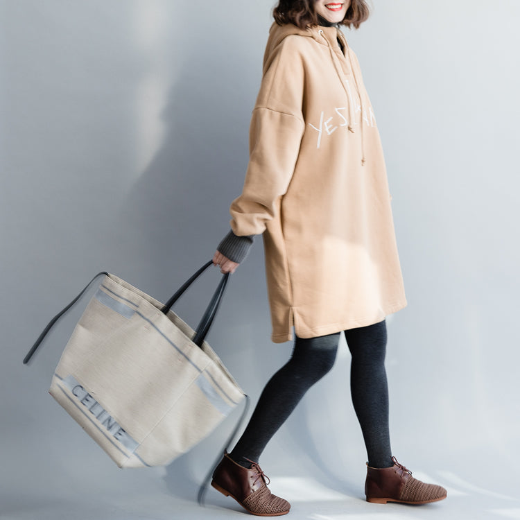 Khaki Cotton Clothes for Fine Work Outfits Loose Hooded Patchwork Blouses