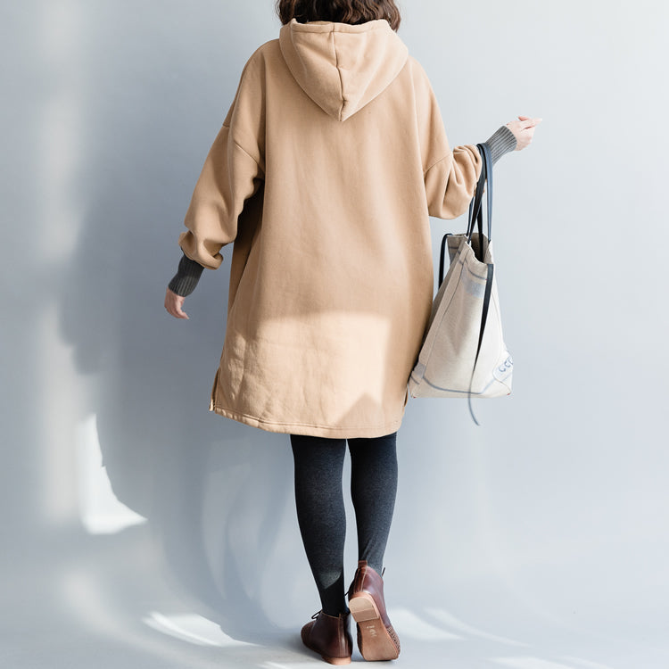 Khaki Cotton Clothes for Fine Work Outfits Loose Hooded Patchwork Blouses