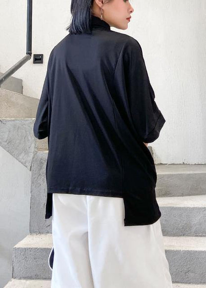 Lapel Asymmetric Cotton Shirts Tunic Tops Black Blouse