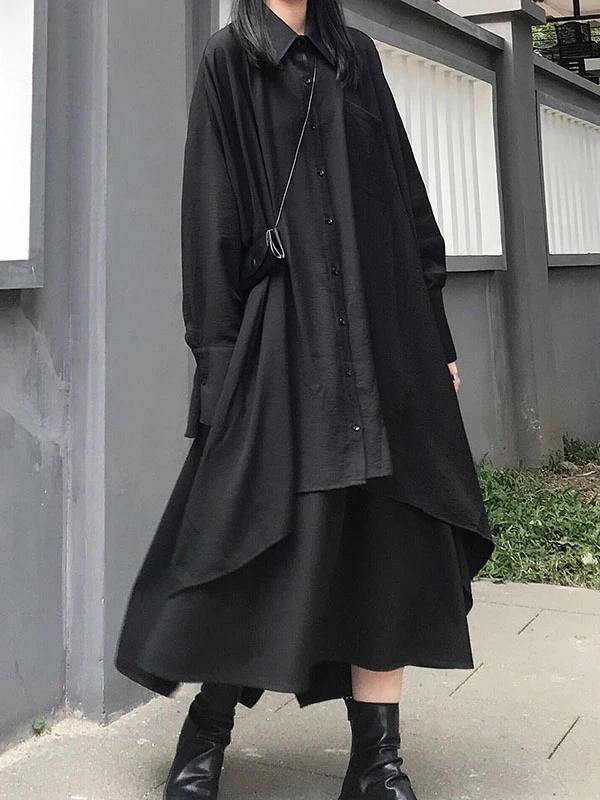 Lapel Asymmetric Cotton Spring for Black a Line Shirt Dresses