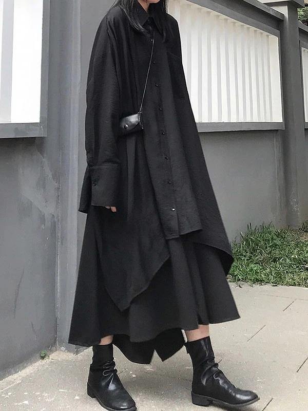 Lapel Asymmetric Cotton Spring for Black a Line Shirt Dresses