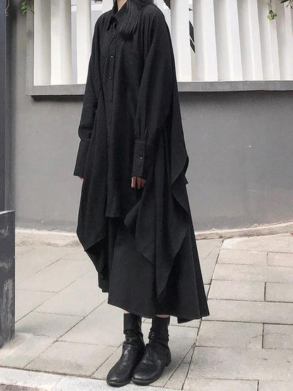 Lapel Asymmetric Cotton Spring for Black a Line Shirt Dresses