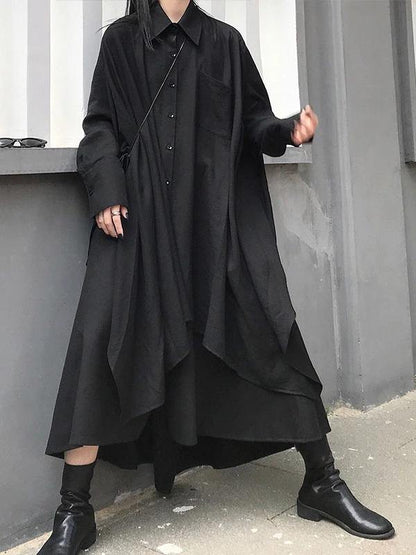 Lapel Asymmetric Cotton Spring for Black a Line Shirt Dresses