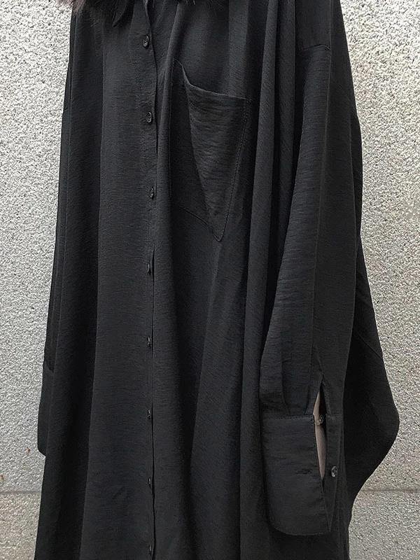 Lapel Asymmetric Cotton Spring for Black a Line Shirt Dresses