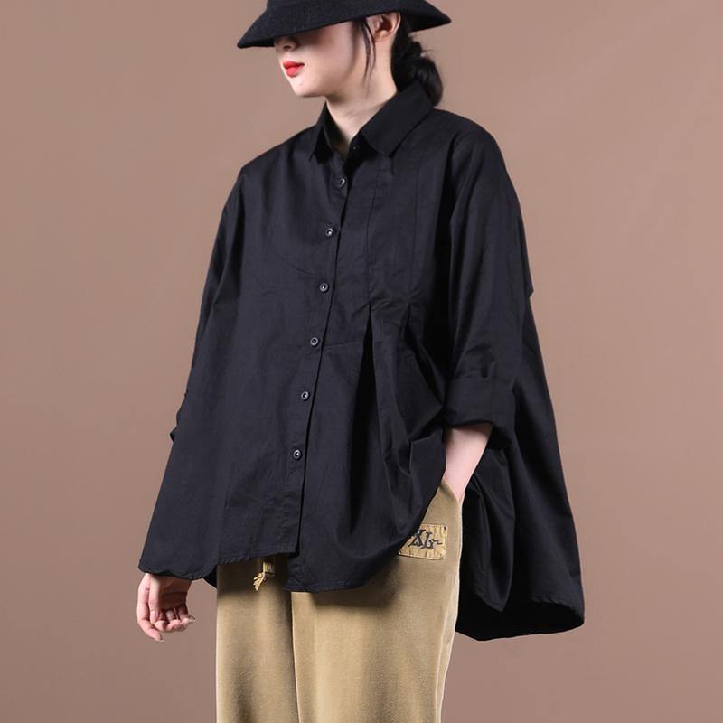 Lapel Large Hem Fall Shirts Work Outfits Black Tops