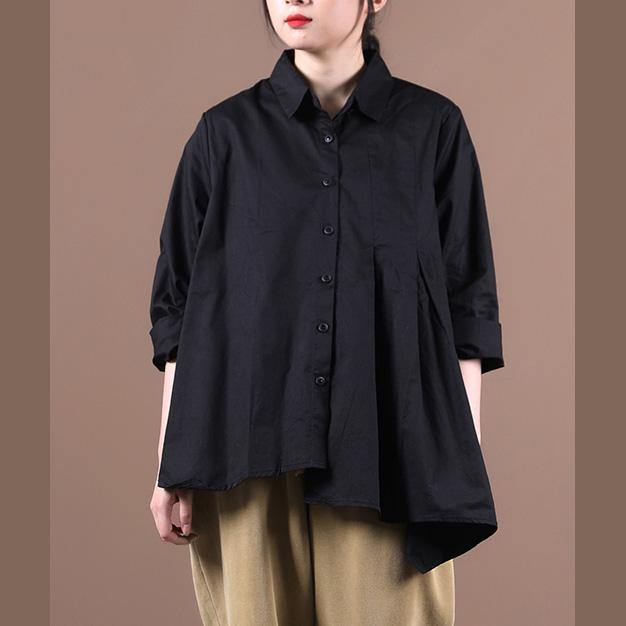Lapel Large Hem Fall Shirts Work Outfits Black Tops