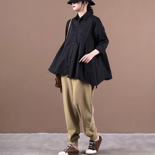 Chic lapel large hem fall shirts women Work Outfits black tops