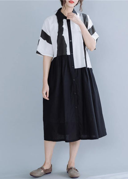 Lapel Patchwork Linen Dresses Neckline Black Striped Dress Summer