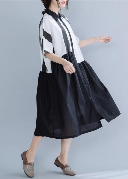 Lapel Patchwork Linen Dresses Neckline Black Striped Dress Summer