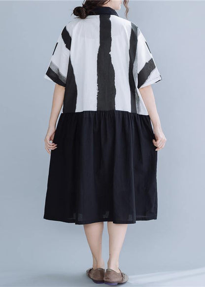 Lapel Patchwork Linen Dresses Neckline Black Striped Dress Summer