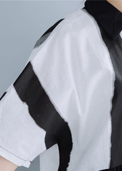 Lapel Patchwork Linen Dresses Neckline Black Striped Dress Summer