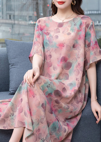 Light Purple O-neck Print Patchwork Chiffon Dresses Summer
