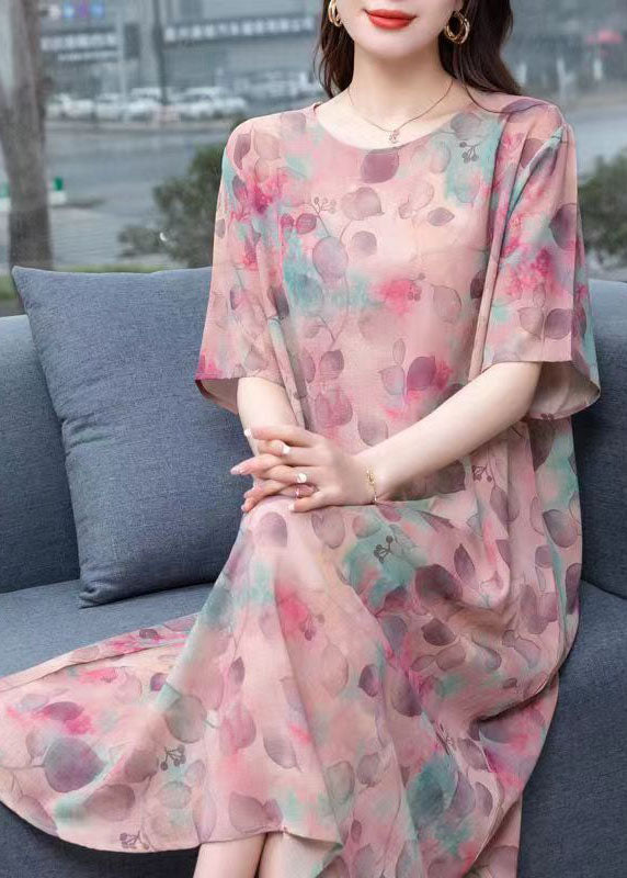 Light Purple O-neck Print Patchwork Chiffon Dresses Summer