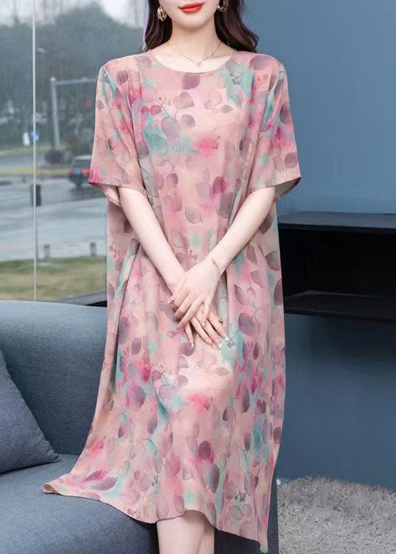 Light Purple O-neck Print Patchwork Chiffon Dresses Summer